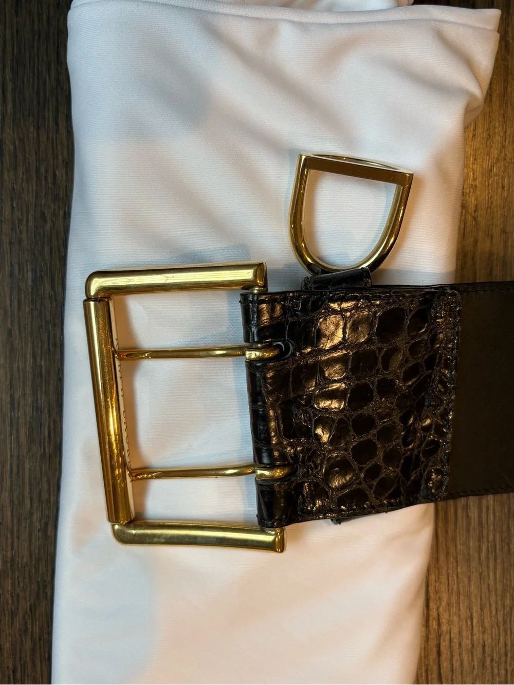 Black Ralph Lauren Genuine Croc. Belt w/ Brass Hardware, M, Black Label